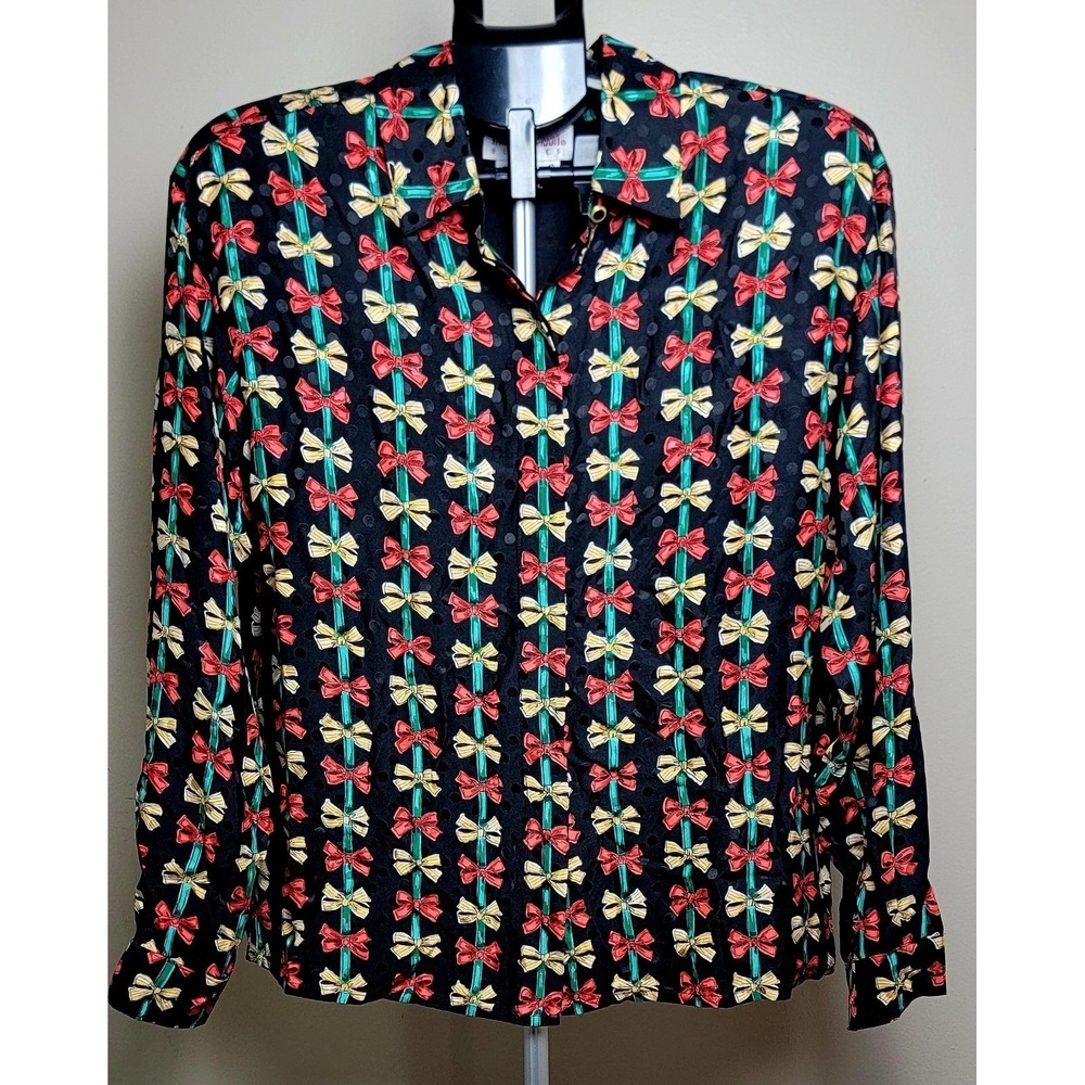 VTG Maggy London 100% Silk Blouse Size 12 Holiday Christmascore Bows Festive